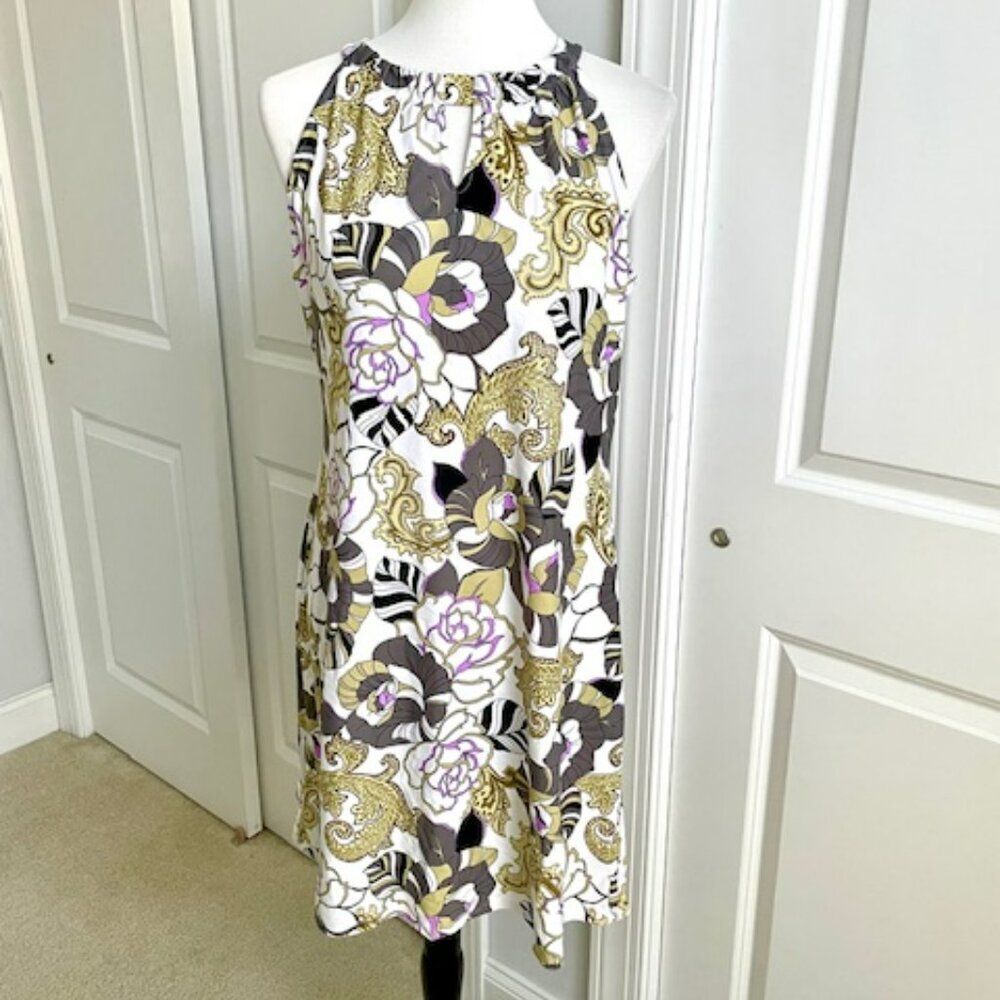 Jude Connally Gray Purple Floral Hi Neck Stretch Jude Cloth Dress Size Large